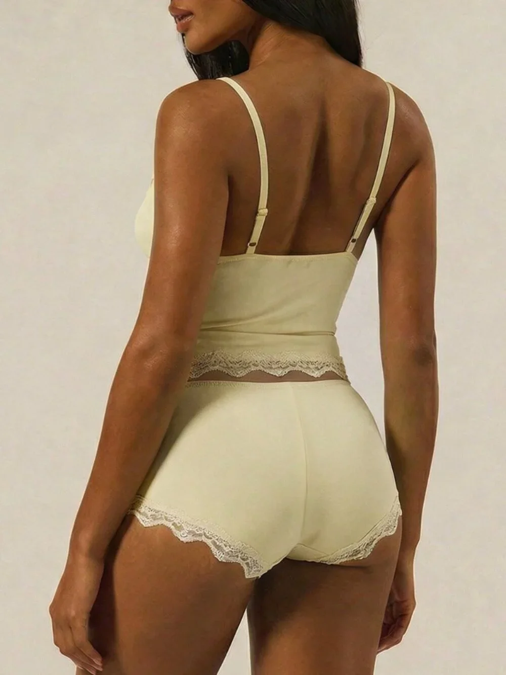 Yellow Sexy Women's Lace Trim Adjustable Strap Cami Top And Fitted shorts